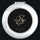 Gold Black Monogram Personalized Bridesmaid Gift Compact Mirror<br><div class="desc">This cute personalized bridesmaid gift mirror features personalized bridesmaid's name,  calligraphy monogram in golden color,  bride and groom's names (or any custom text),  and the wedding date. You can change the background and fonts colors easily if you like.</div>