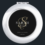 Gold Black Monogram Personalized Bridesmaid Gift Compact Mirror<br><div class="desc">This cute personalized bridesmaid gift mirror features personalized bridesmaid's name,  calligraphy monogram in golden color,  bride and groom's names (or any custom text),  and the wedding date. You can change the background and fonts colors easily if you like.</div>