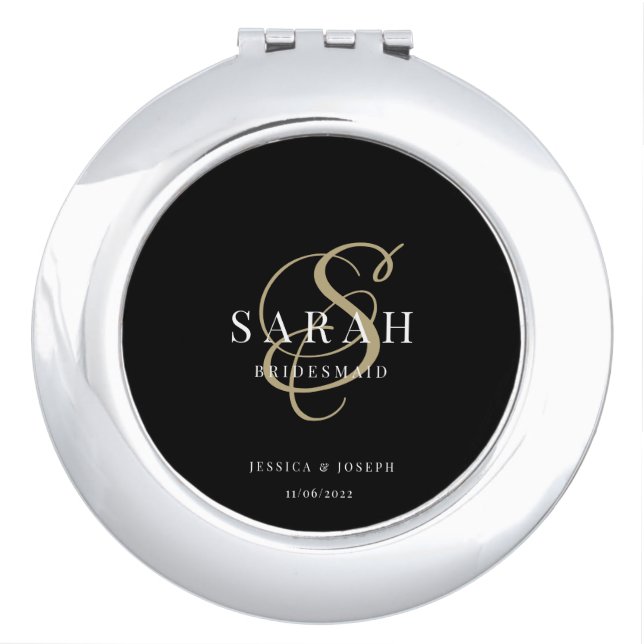 Gold Black Monogram Personalized Bridesmaid Gift Compact Mirror (Front)