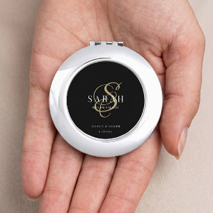 Gold Black Monogram Personalized Bridesmaid Gift Compact Mirror