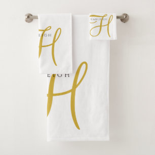Gold Black Monogram White Bath Towel Set