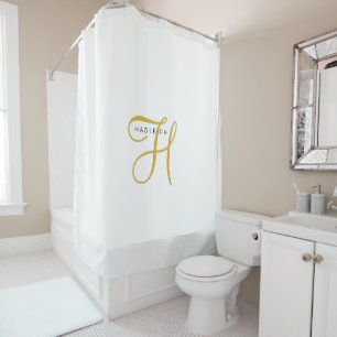Gold Black Monogram White Shower Curtain