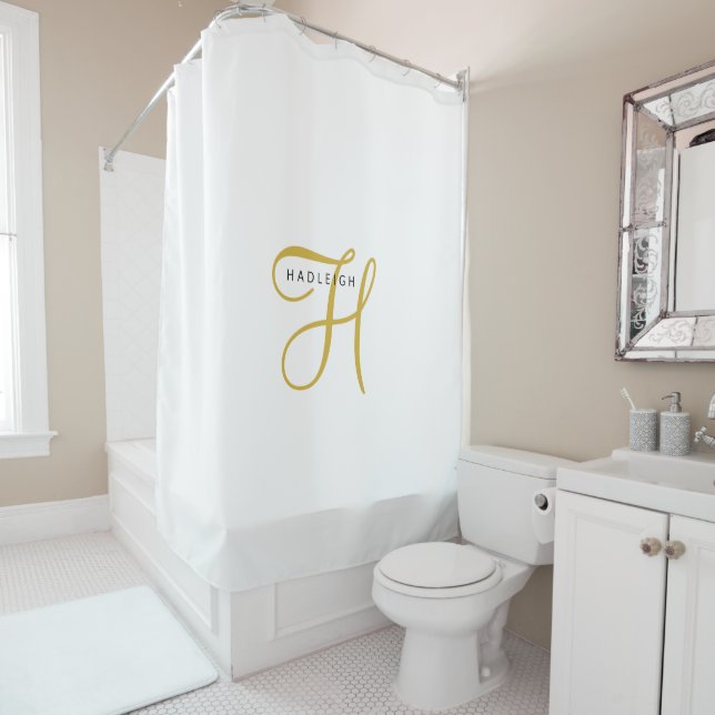 Gold Black Monogram White Shower Curtain (In Situ)