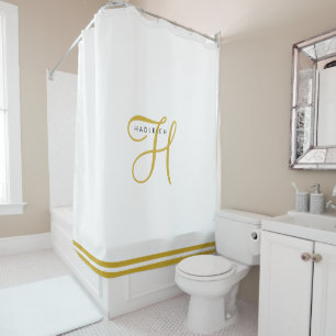 Gold Black Monogram White Shower Curtain