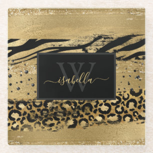 Gold Black Monogrammed Glass Coaster