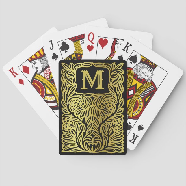 Gold Black Monogrammed Vintage Luxury Personalized Poker Cards (Back)
