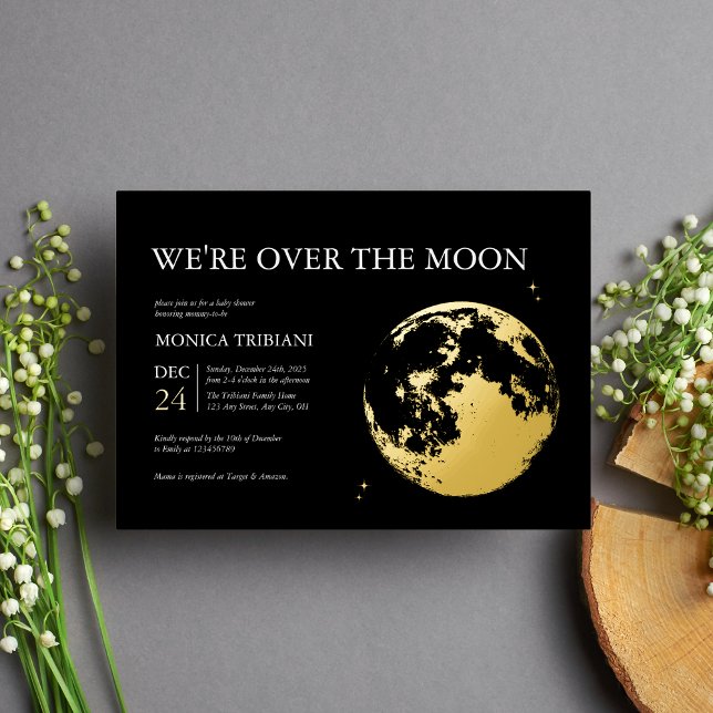 Gold Black Moon Lunar Celestial Modern Baby Shower Foil Invitation (Creator Uploaded)