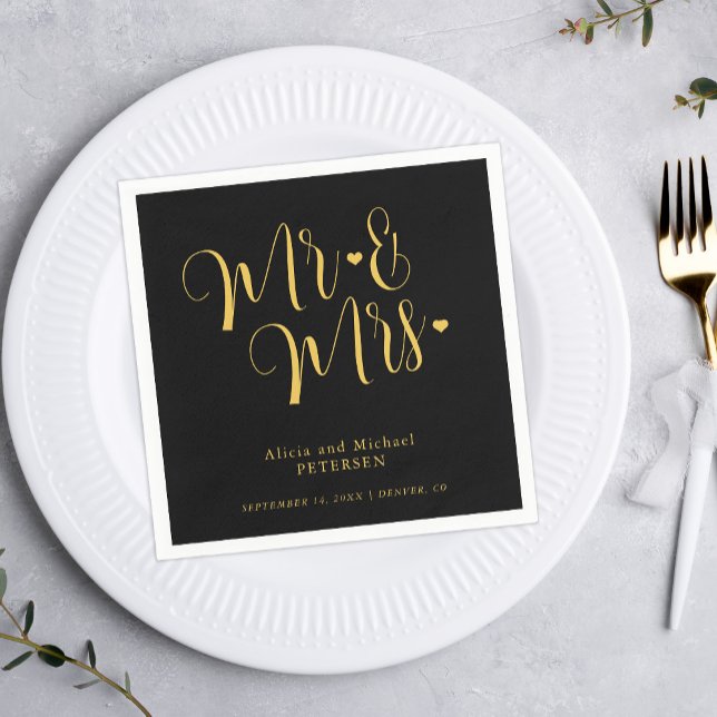 Gold black Mr and Mrs elegant script wedding Napkins (Creator Uploaded)