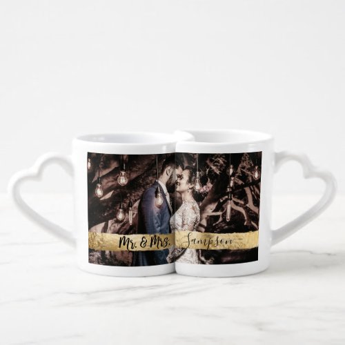 Gold Black Mr and Mrs Photo Keepsake Brushstroke Coffee Mug Set