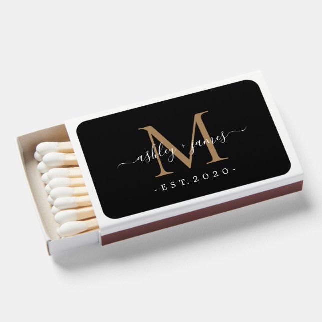 Gold Black Mr Mrs Monogram Wedding Favor Matchboxes (Front Open)