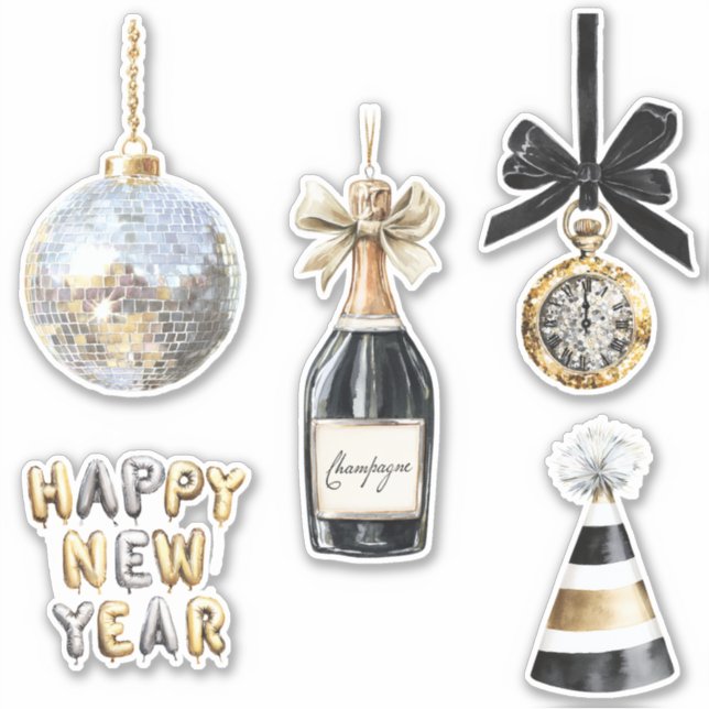 Gold Black New Year's Eve Silver Ball Celebration Sticker (Front)