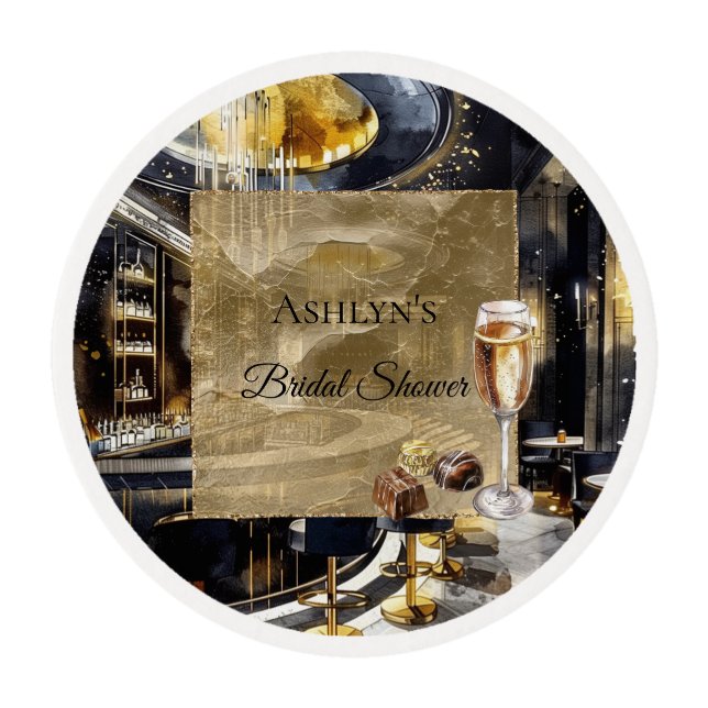 Gold black Night Club Champagne Bridal Shower  Edible Frosting Rounds (Front)