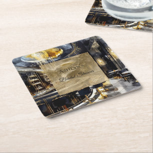 Gold black Night Club Party Bridal Shower Square Paper Coaster