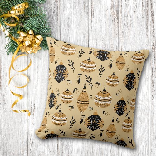 Gold Black Nordic Christmas Tree Bulbs Pattern Throw Pillow