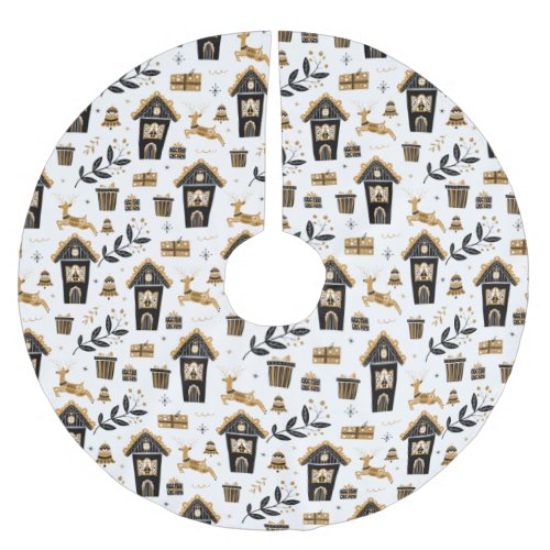 Gold Black Nordic Reindeer House Christmas  Brushed Polyester Tree Skirt