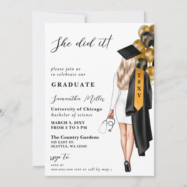 Gold Black Nurse Photo She Did It Graduation Invitation (Front)