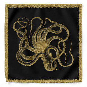 Gold & Black Octopus Vintage Gold Foil Style Ocean Bandana