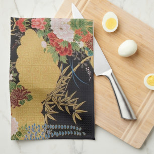 Gold Black Oriental Japanese Kimono Floral Kitchen Kitchen Towel