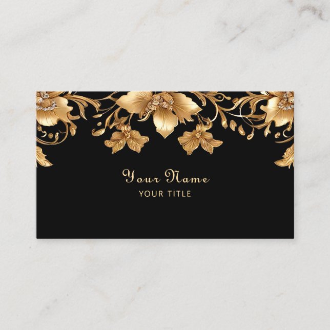 Gold Black Ornate Floral Business Card (Front)