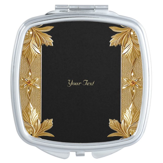 Gold Black Ornate Floral Compact Mirror (Front)