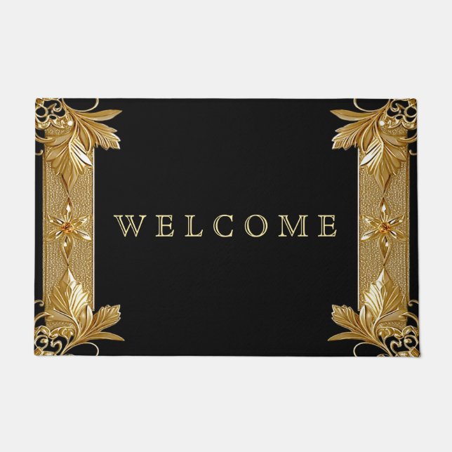 Gold Black Ornate Floral Doormat (Front)