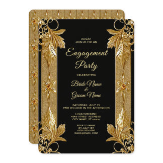 Gold Black Ornate Floral Engagement Invitation