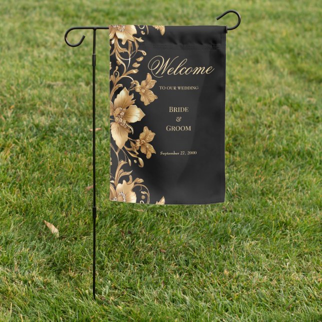 Gold Black Ornate Floral Garden Flag (In SItu)