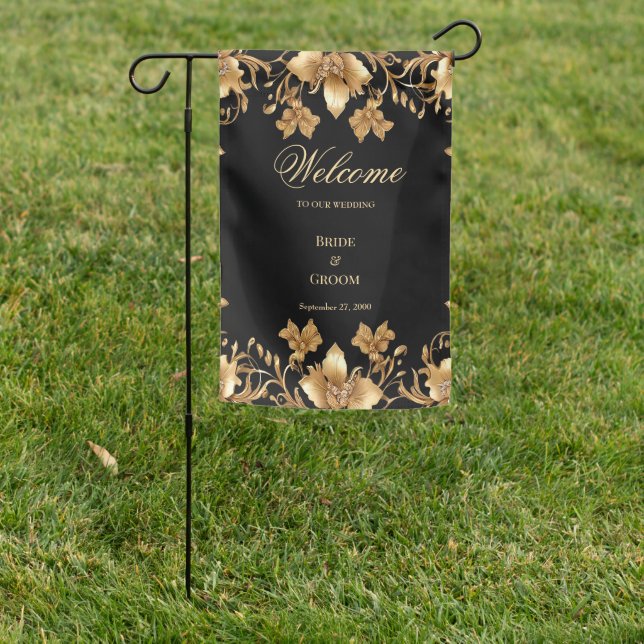 Gold Black Ornate Floral Garden Flag (In SItu)