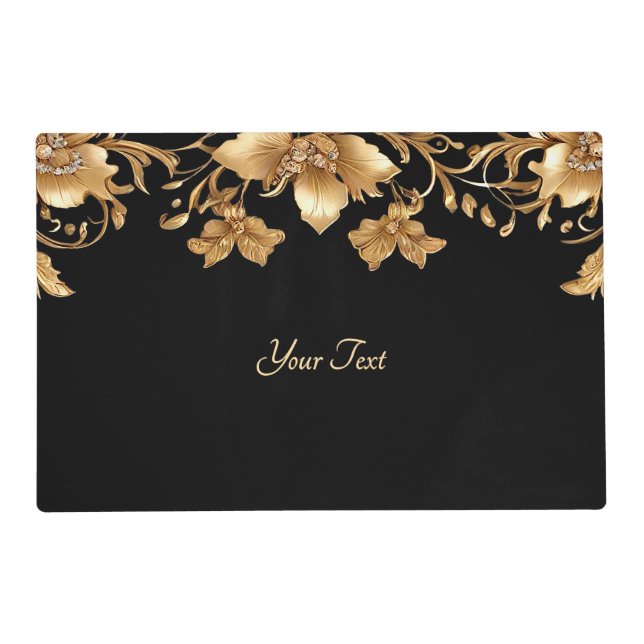 Gold Black Ornate Floral Paper Placemat (Front)