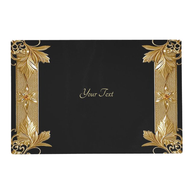 Gold Black Ornate Floral Paper Placemat (Front)