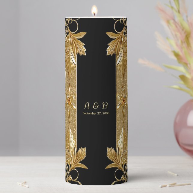Gold Black Ornate Floral Pillar Candle (In Situ)
