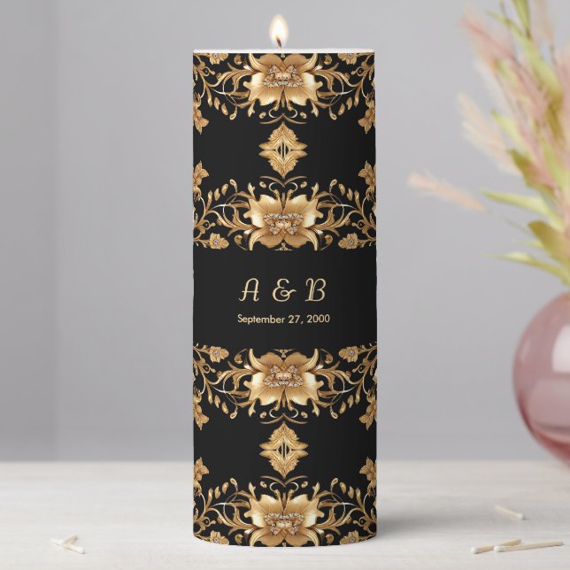 Gold Black Ornate Floral Pillar Candle (In Situ)