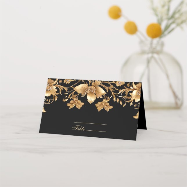 Gold Black Ornate Floral Place Card (Front)