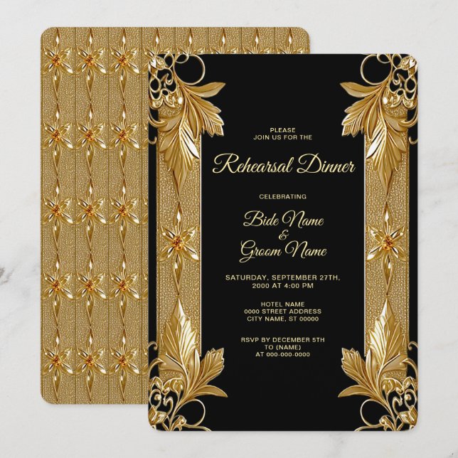 Gold Black Ornate Floral Rehearsal Dinner Invitation (Front/Back)