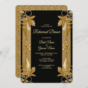Gold Black Ornate Floral Rehearsal Dinner Invitation