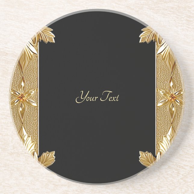 Gold Black Ornate Floral Sandstone Coaster (Front)