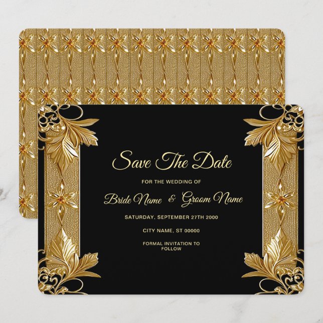 Gold Black Ornate Floral Save The Date (Front/Back)