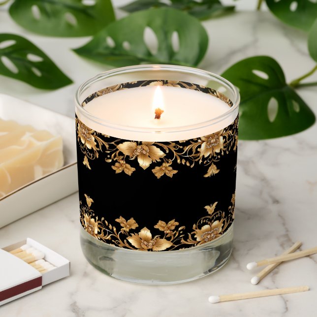 Gold Black Ornate Floral Scented Jar Candle (Lit)