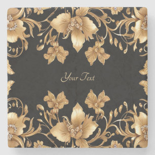 Gold Black Ornate Floral Stone Coaster