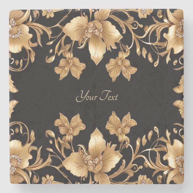 Gold Black Ornate Floral Stone Coaster (Front)