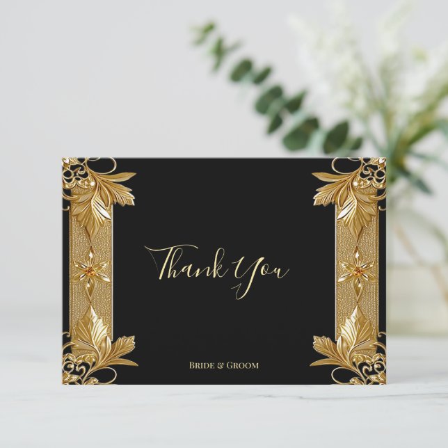 Gold Black Ornate Floral Thank You Card (Standing Front)