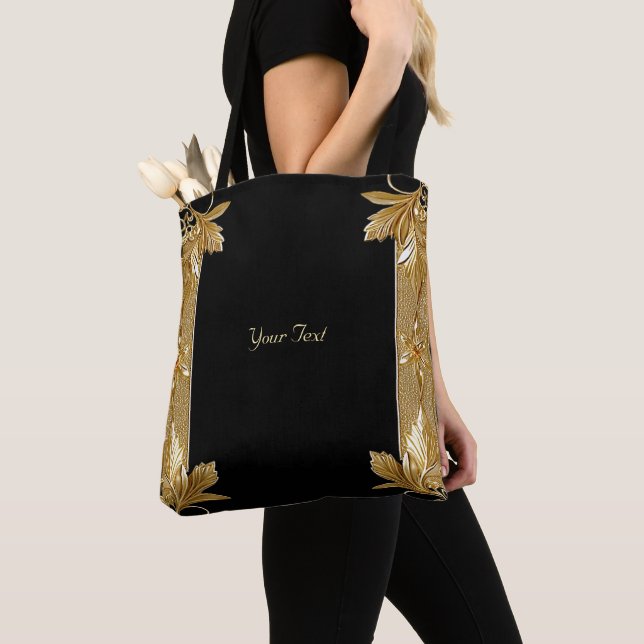 Gold Black Ornate Floral Tote Bag (Close Up)