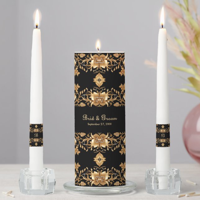 Gold Black Ornate Floral Unity Candle Set (In Situ)