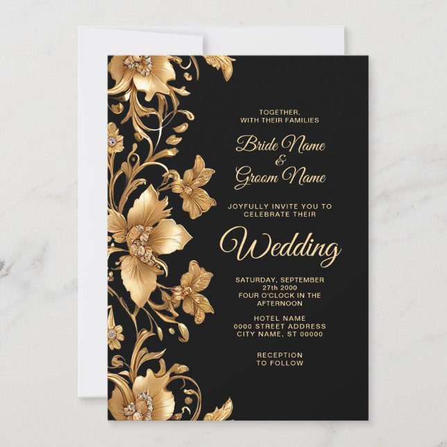 Gold Black Ornate Floral Wedding Invitation (Front)