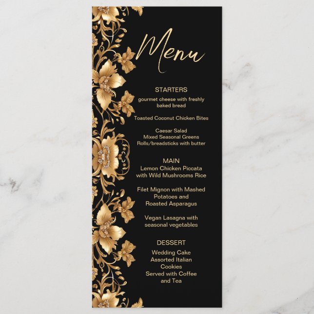 Gold Black Ornate Floral Wedding Menu (Front)