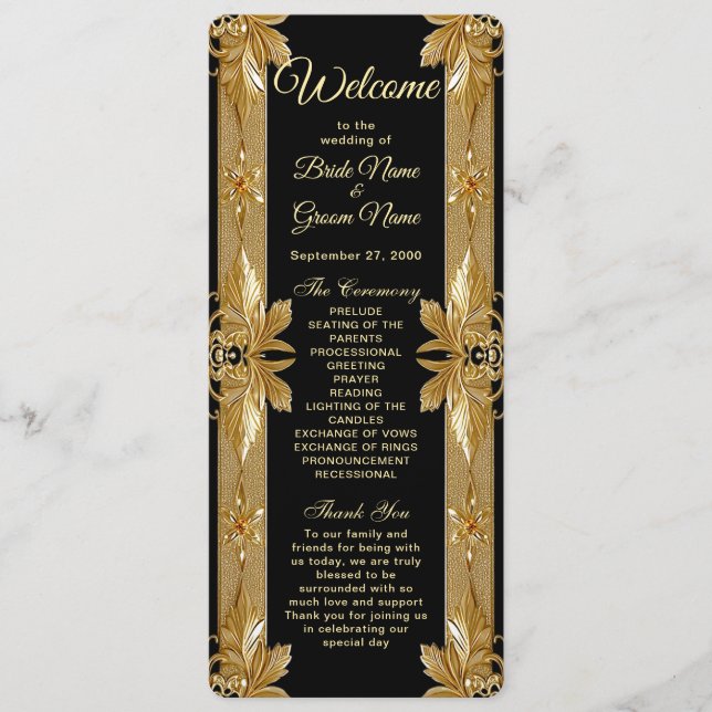 Gold Black Ornate Floral Wedding Program (Front)