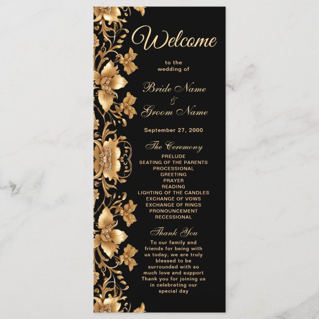 Gold Black Ornate Floral Wedding Program (Front)