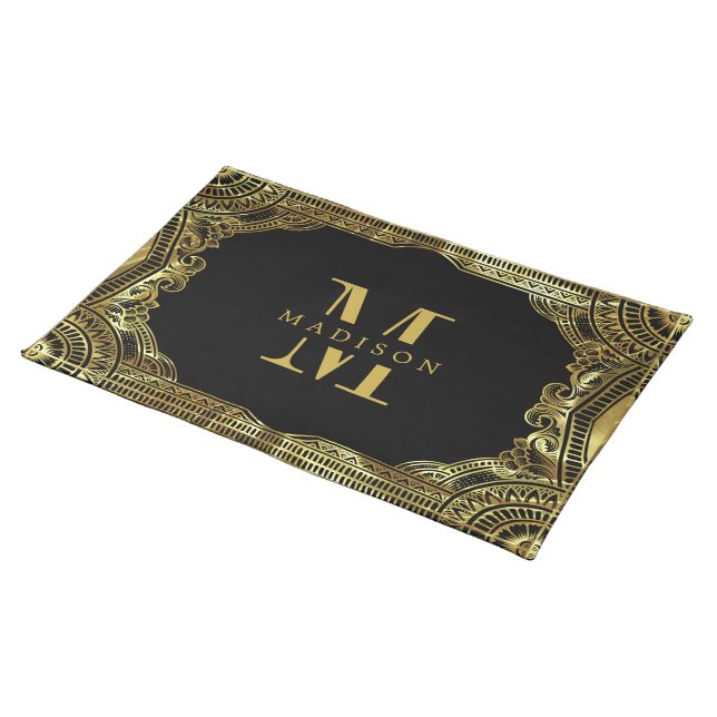 Gold Black Ornate Royal Swirls Frame Monogram Cloth Placemat (On Table)