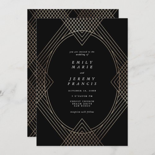 Gold Black Oval Geometric Art Deco Gatsby Wedding Invitation