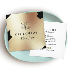 Gold Black Painted Abstract  Leaf Branch Square Bu Square Business Card